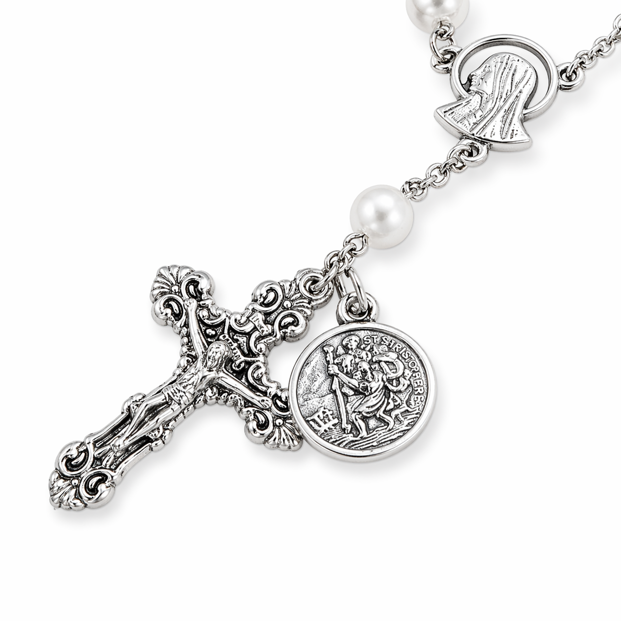 6mm Glass Pearl Auto Rosary with St. Christopher Medal