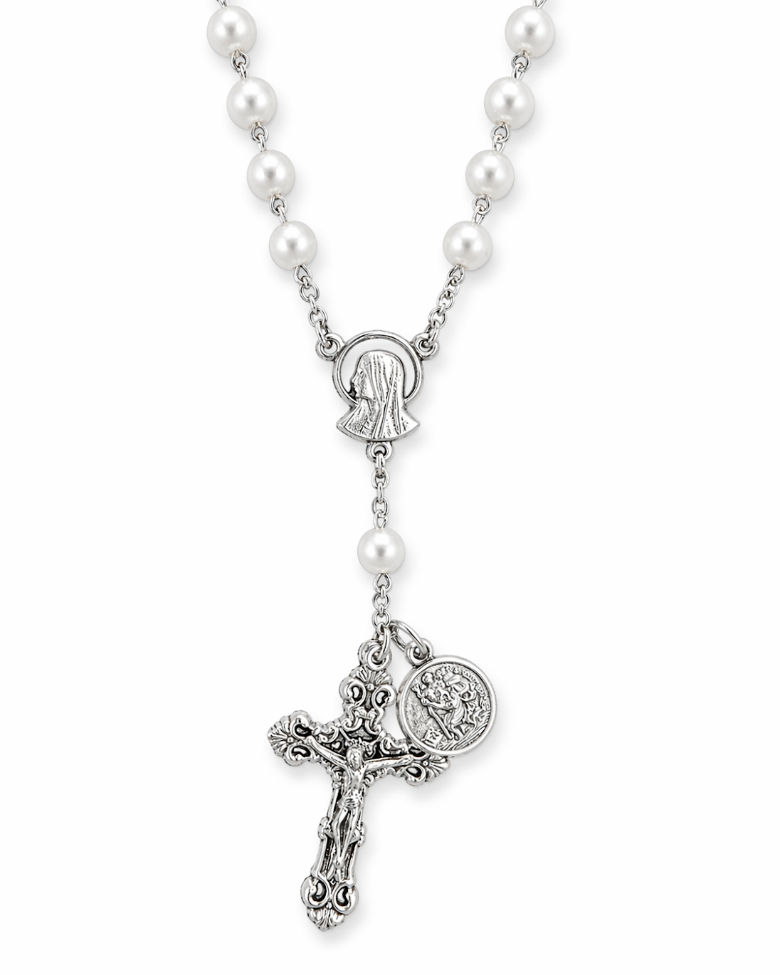 6mm Glass Pearl Auto Rosary with St. Christopher Medal