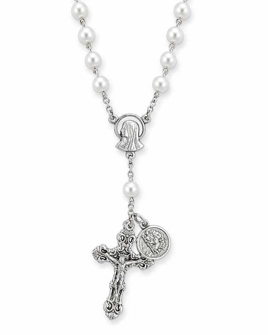 6mm Glass Pearl Auto Rosary with St. Christopher Medal