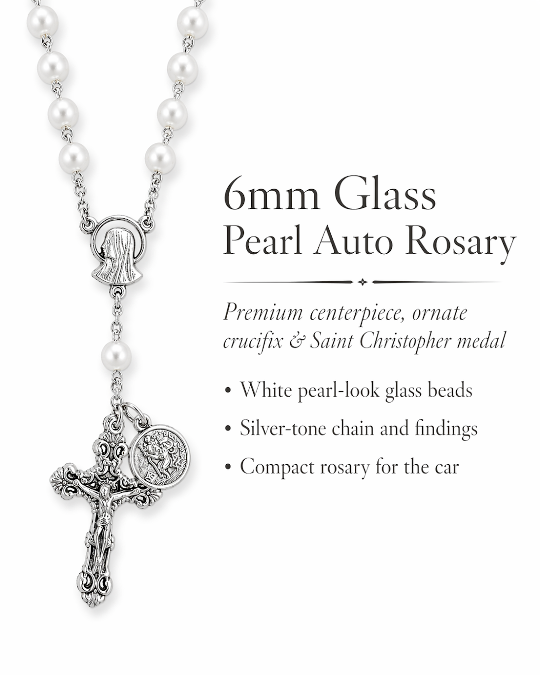 6mm Glass Pearl Auto Rosary with St. Christopher Medal