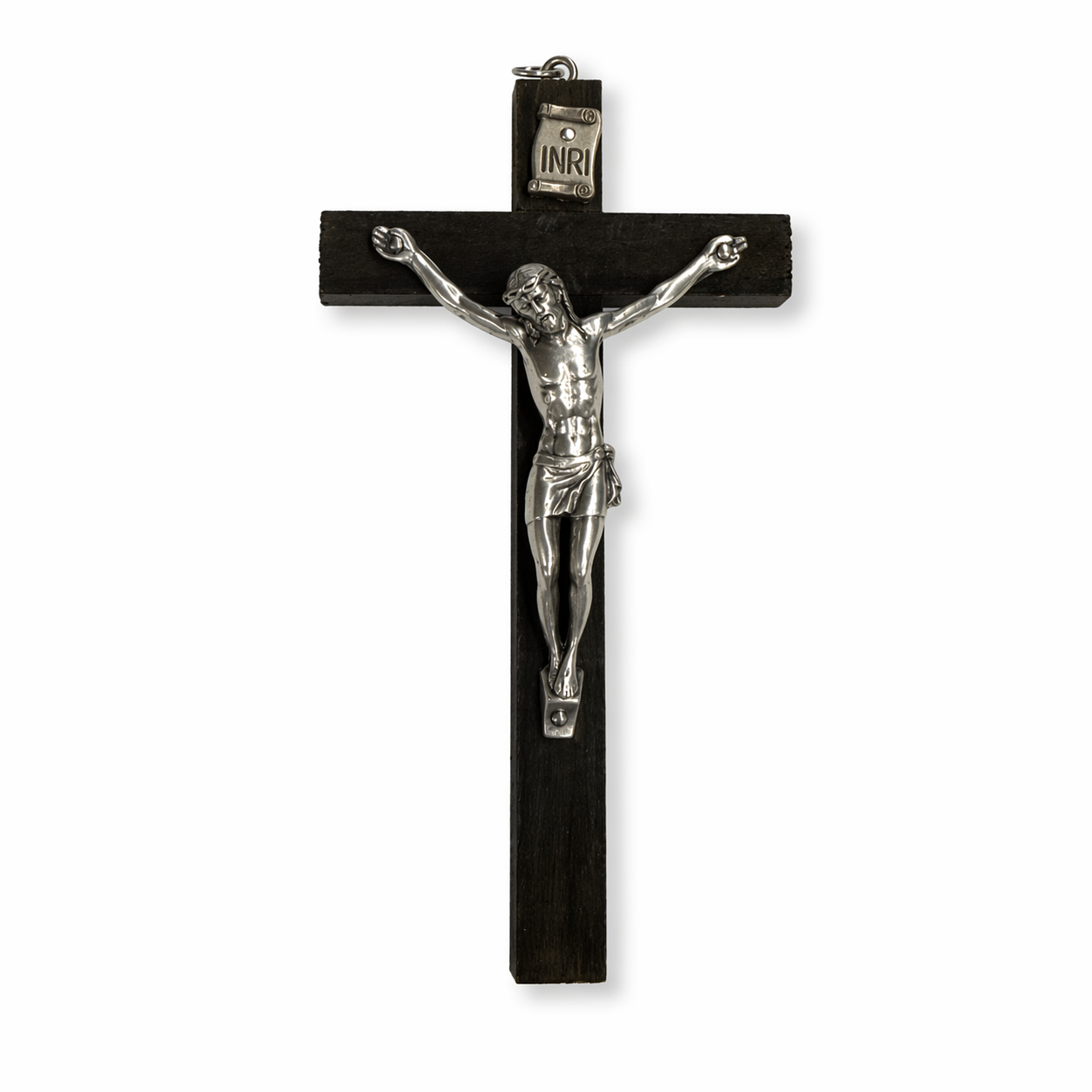 4” Black Wooden Crucifix with Silver Corpus Christi