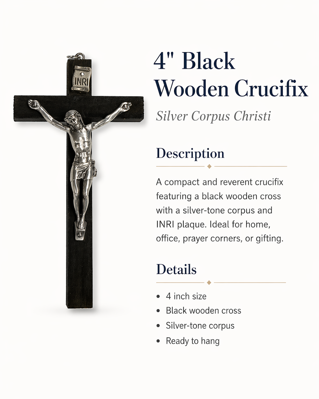 4” Black Wooden Crucifix with Silver Corpus Christi