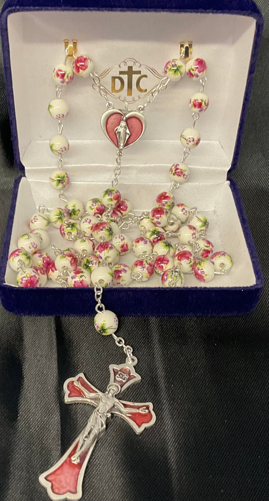 Pink Ceramic Enameled Rosary with Pink Enameled Rosary Center