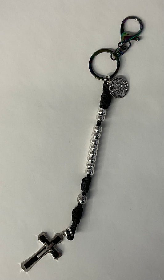 One Decade Silver Bead Black Para Cord Rosary