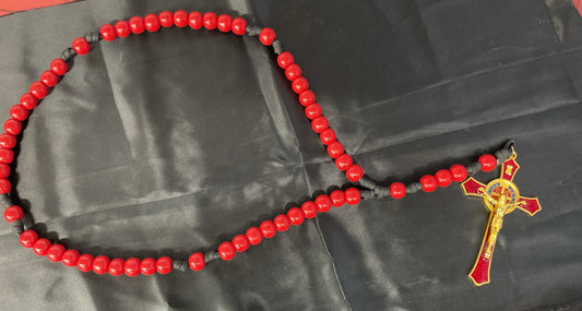 Large Red Wooden Bead Rosary with Enamel St. Benedict Crucifix