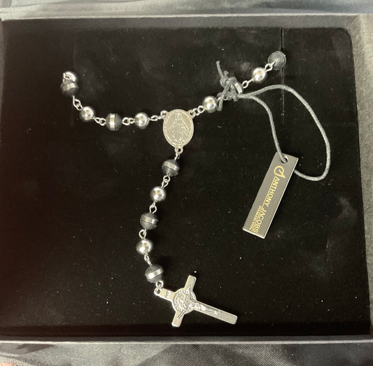 Black Bead Rosary with Silver Band