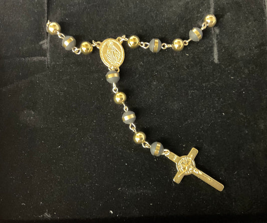 Black Bead Rosary with Gold Band