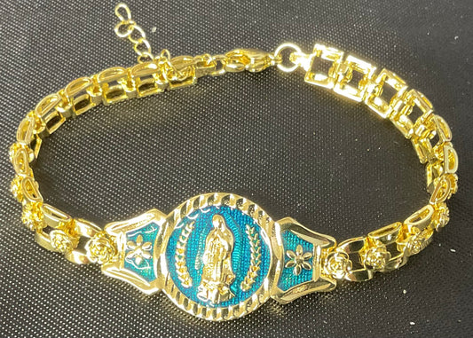 Our Lady of Guadalupe Teal Enamel Gold Filled Braclet