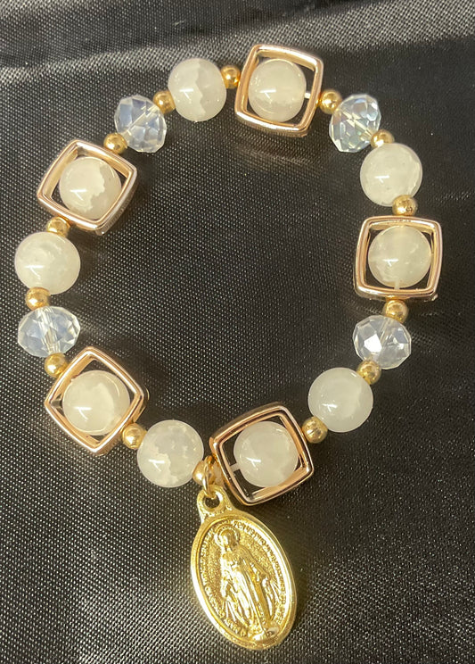 Milky White Stone Bracelet with Miraculous Medal
