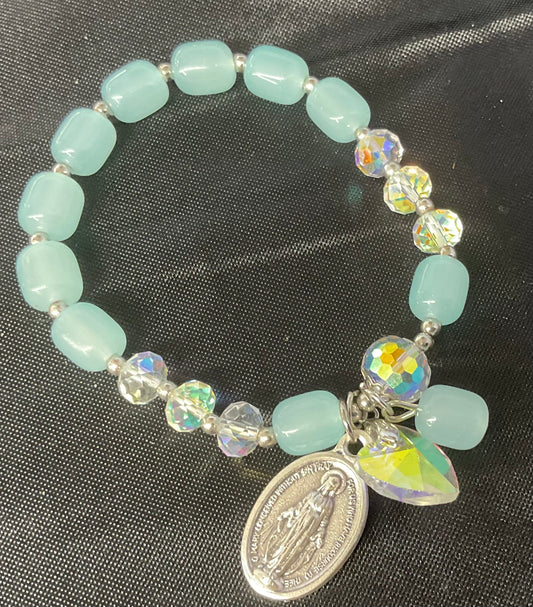 Milky Blue Stone Stretch Bracelet with Miraculous Medal