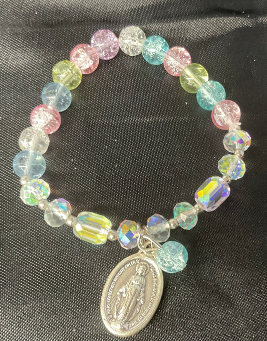 Multicolor Pastel Glitter Bead Stretch Bracelet with Miraculous Medal