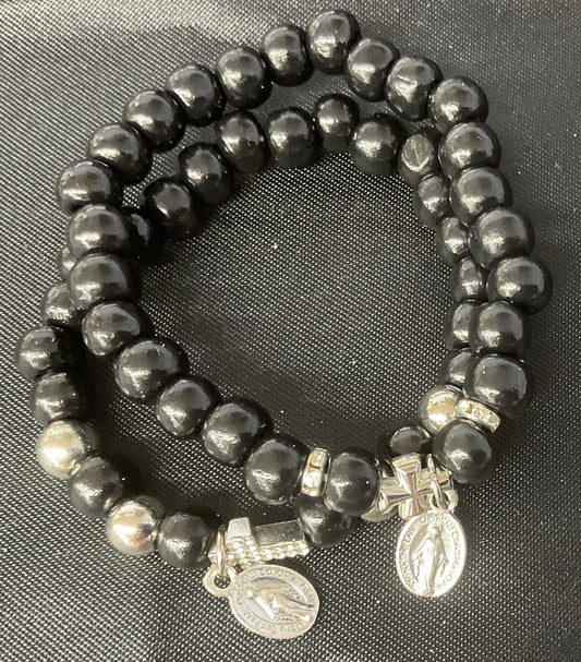 Miraculous Medal Double Black Wood Stretch Braclet