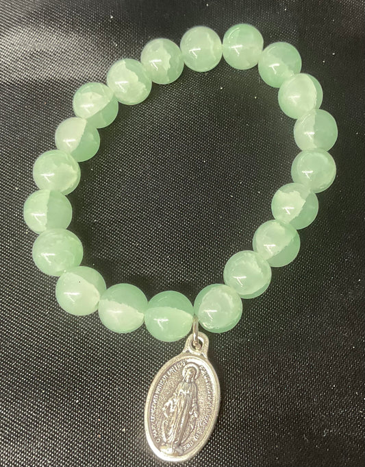 Green Stone Stretch Bracelet with Miraculous Medal