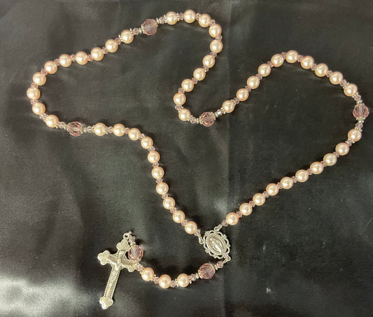 Pink Pearl Rosary with Pink Crystal Our Father Beads