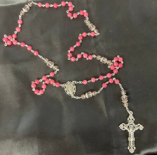 Pink Stone with Pink Crystal Our Father Beads Filigree Crucifix