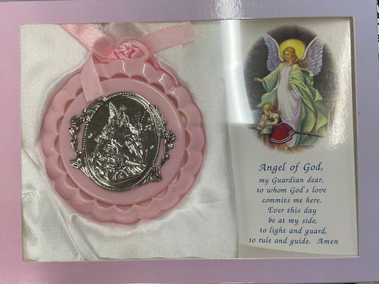 Girl/Pink Crib Medal with Guardian Angel Prayer Card